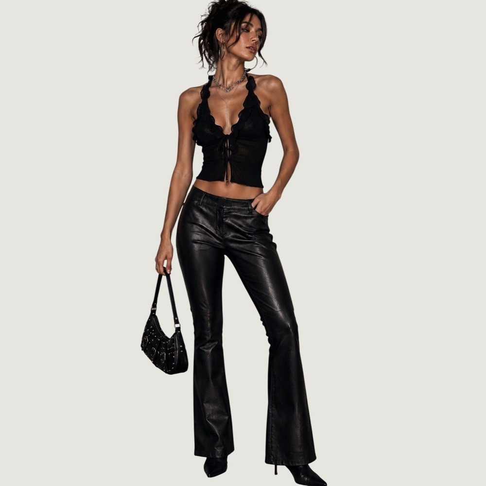 VTG Y2K Hugo Buscati Black Leather Boot Cut Flare Low Rise Pants Size 6 Tall
